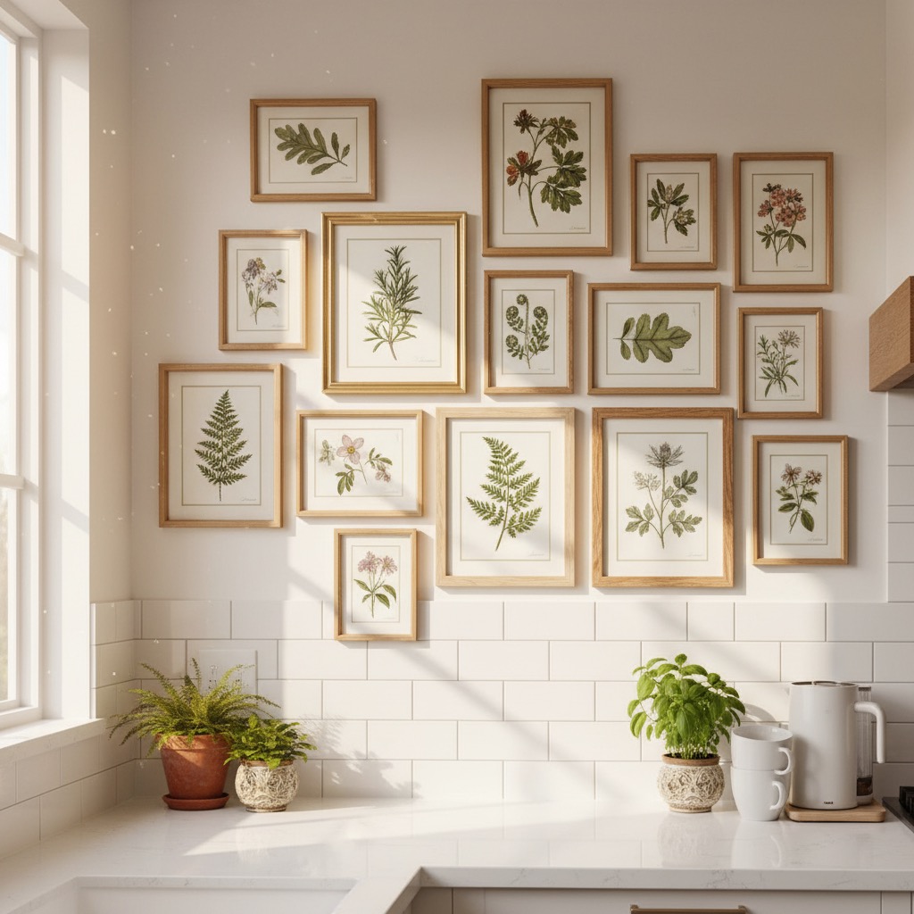 Gallery wall of framed vintage botanical prints in a bright modern kitchen