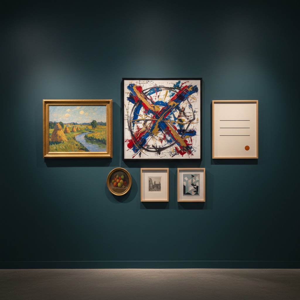 Gallery wall displaying various painting styles from impressionist to abstract