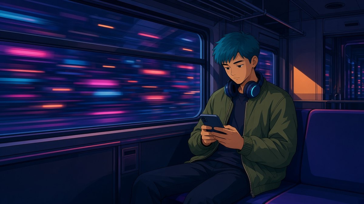 A young man with teal hair, an olive bomber jacket and headphones round his neck reading on his phone on a late-night metro, with neon city lights blurring past the window