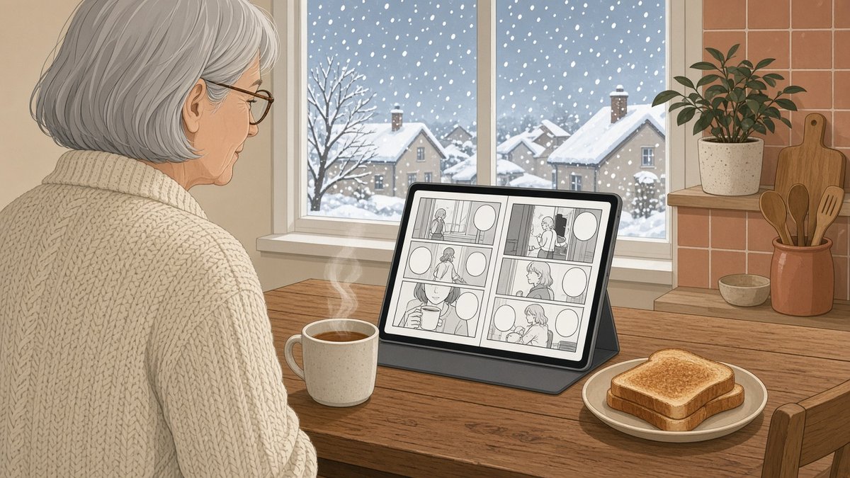 Over the shoulder of an older woman with a silver bob and glasses at a kitchen table, reading a two-page manga spread on a tablet in a stand, with tea and toast, snow falling outside