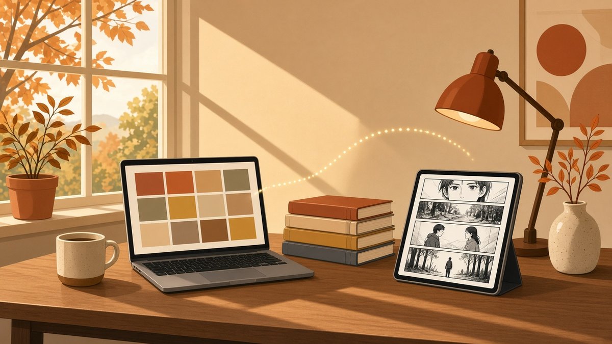Flat vector illustration with no people of a wooden desk on an autumn afternoon, with a laptop whose screen faces the viewer and shows a plain grid of colored book covers, a short stack of manga volumes beside it, and an iPad on a stand showing a black and white manga page, a dotted line of light running from the laptop to the iPad, a mug and a desk lamp nearby, in rust, ochre and cream tones