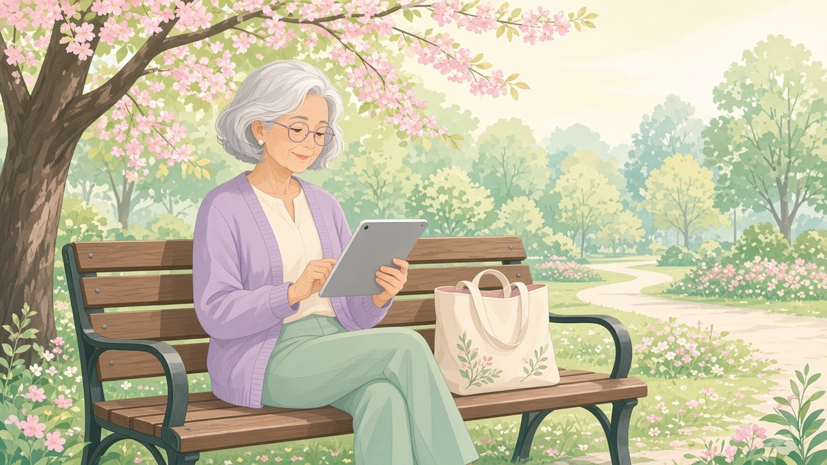 Flat vector illustration of a woman in her sixties with a silver bob and round glasses, wearing a lavender cardigan, sitting on a park bench on a spring morning under trees in spring blossom and reading a manga page on an iPad that rests in her lap with the screen toward her, a canvas tote bag beside her, in soft pastel pink, mint and butter yellow