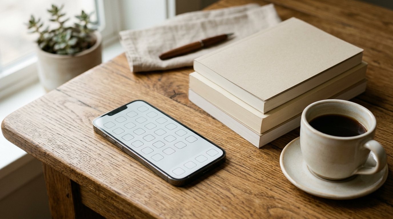 An iPhone lying face up on an oak desk beside a stack of plain unbranded books and a cup of coffee, its screen showing an empty grid of outlined rectangles with nothing in them
