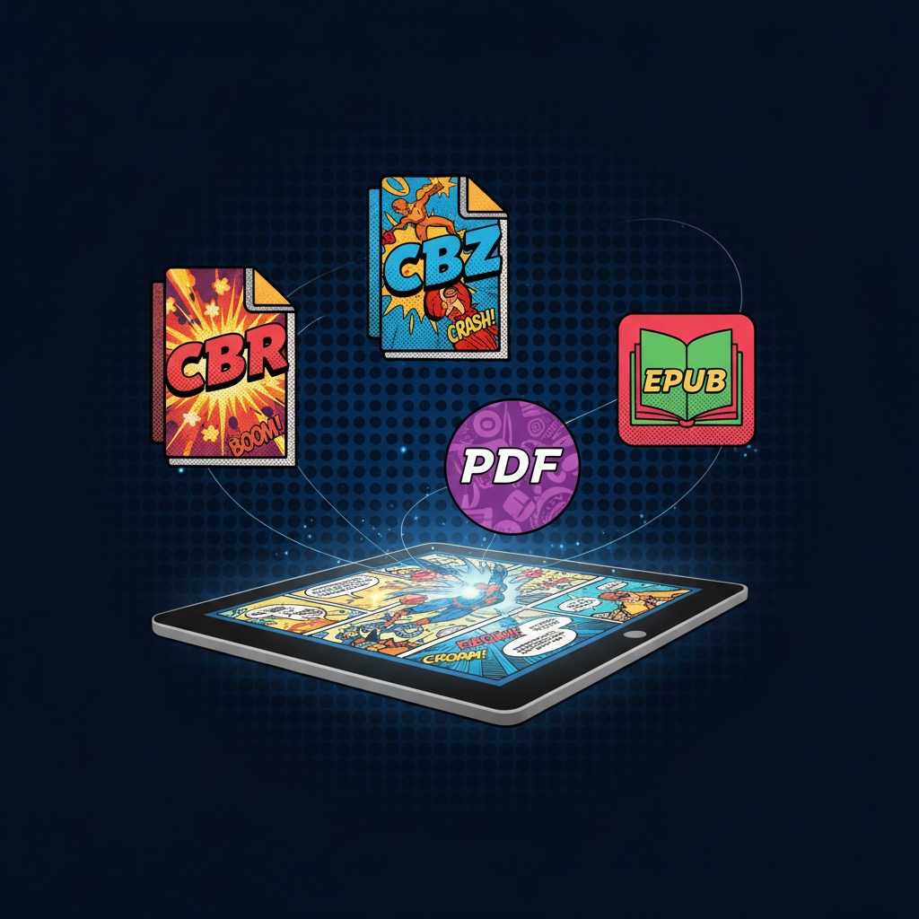 Comic book file format icons floating above a tablet displaying a comic page