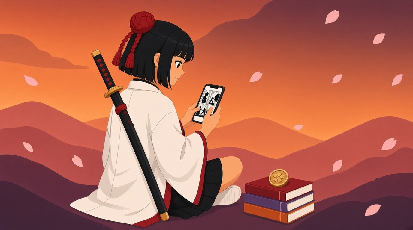 Flat illustration of Kaede, the ComicFlow manga girl with a sword on her back, sitting on a sunset hill reading manga on her iPhone, next to three manga volumes with a gold coin on top