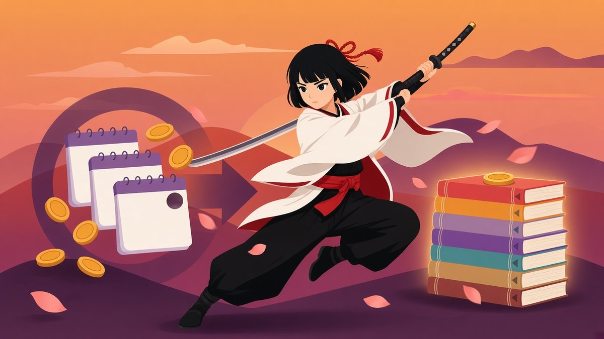 Flat illustration of Kaede slicing through a looping subscription arrow of calendar pages and coins, leaping toward a glowing stack of manga volumes topped with one gold coin