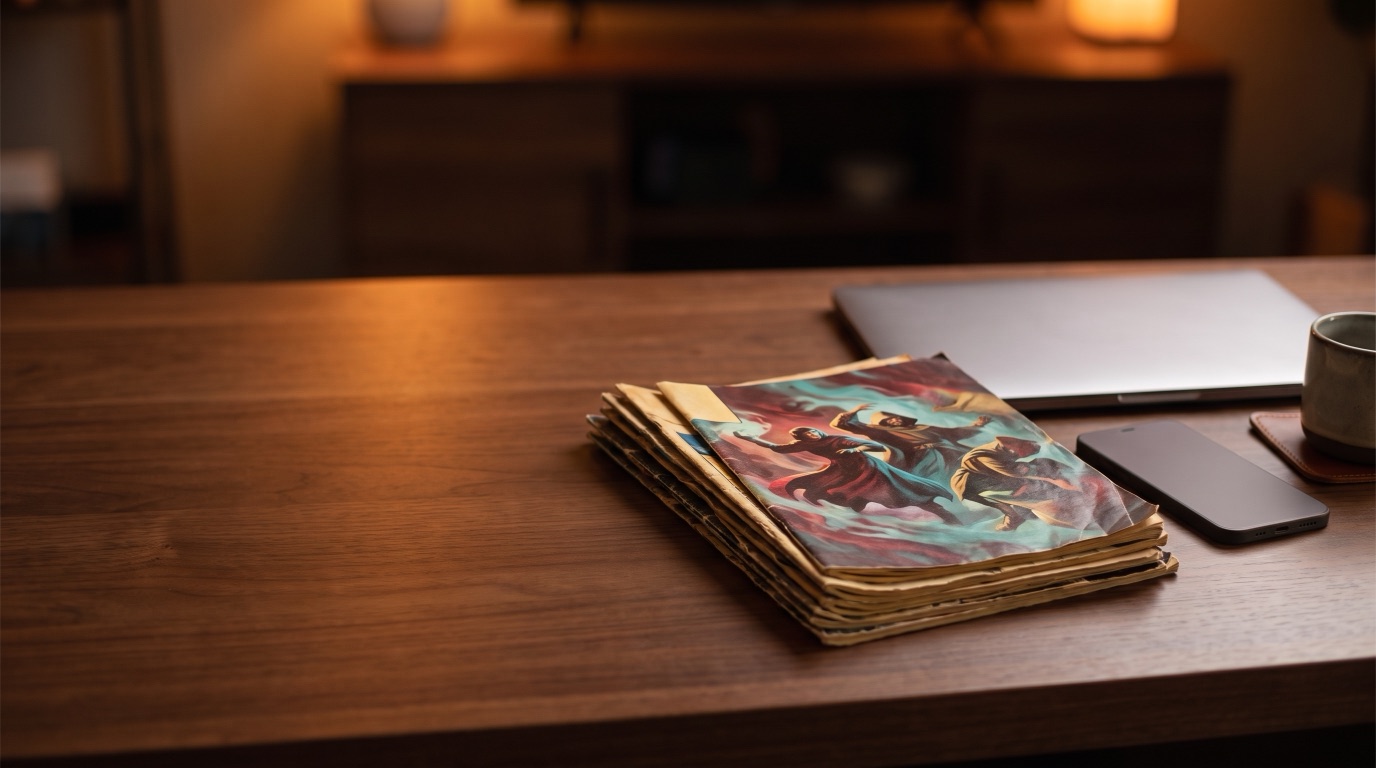A stack of worn comic books with a painted cover lying on a dark wooden desk beside a closed laptop and a phone with a black screen