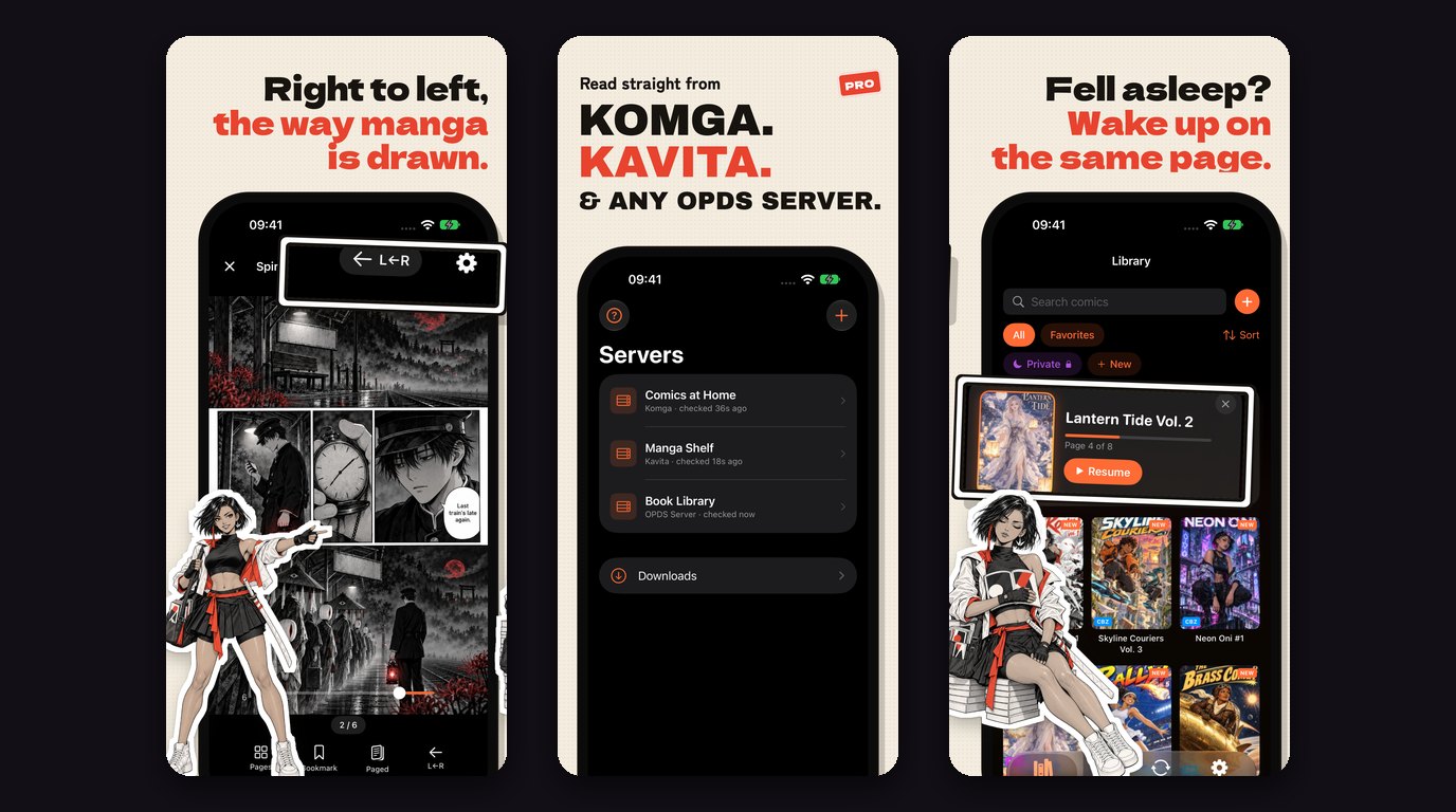 Three real ComicFlow App Store screenshots side by side on a dark background: a black and white manga page in the reader with the right-to-left switch highlighted, the new Servers tab listing a Komga, a Kavita and an OPDS server, and a Continue Reading card for Lantern Tide Vol. 2 with a Resume button