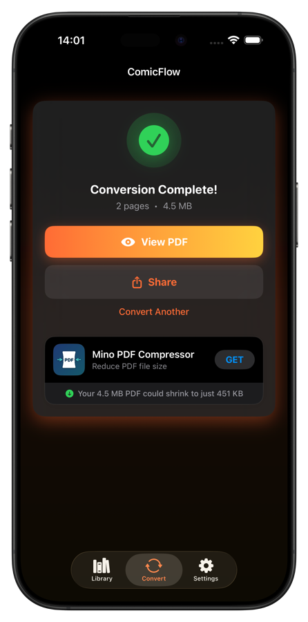 ComicFlow conversion complete screen showing page count, file size, View PDF and Share buttons
