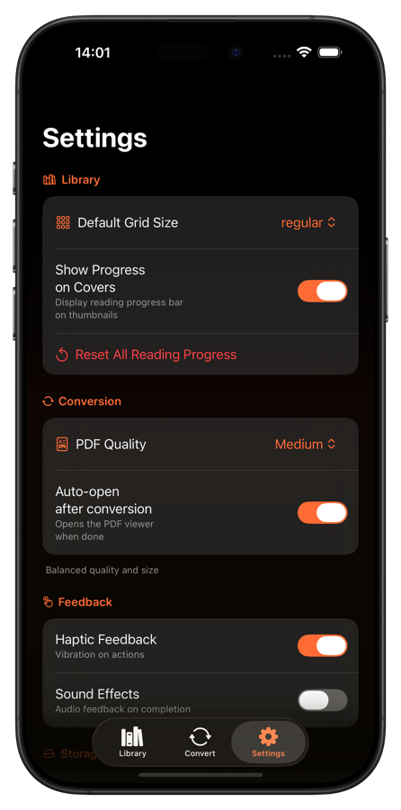 ComicFlow settings showing grid size, reading progress on covers, and quality options