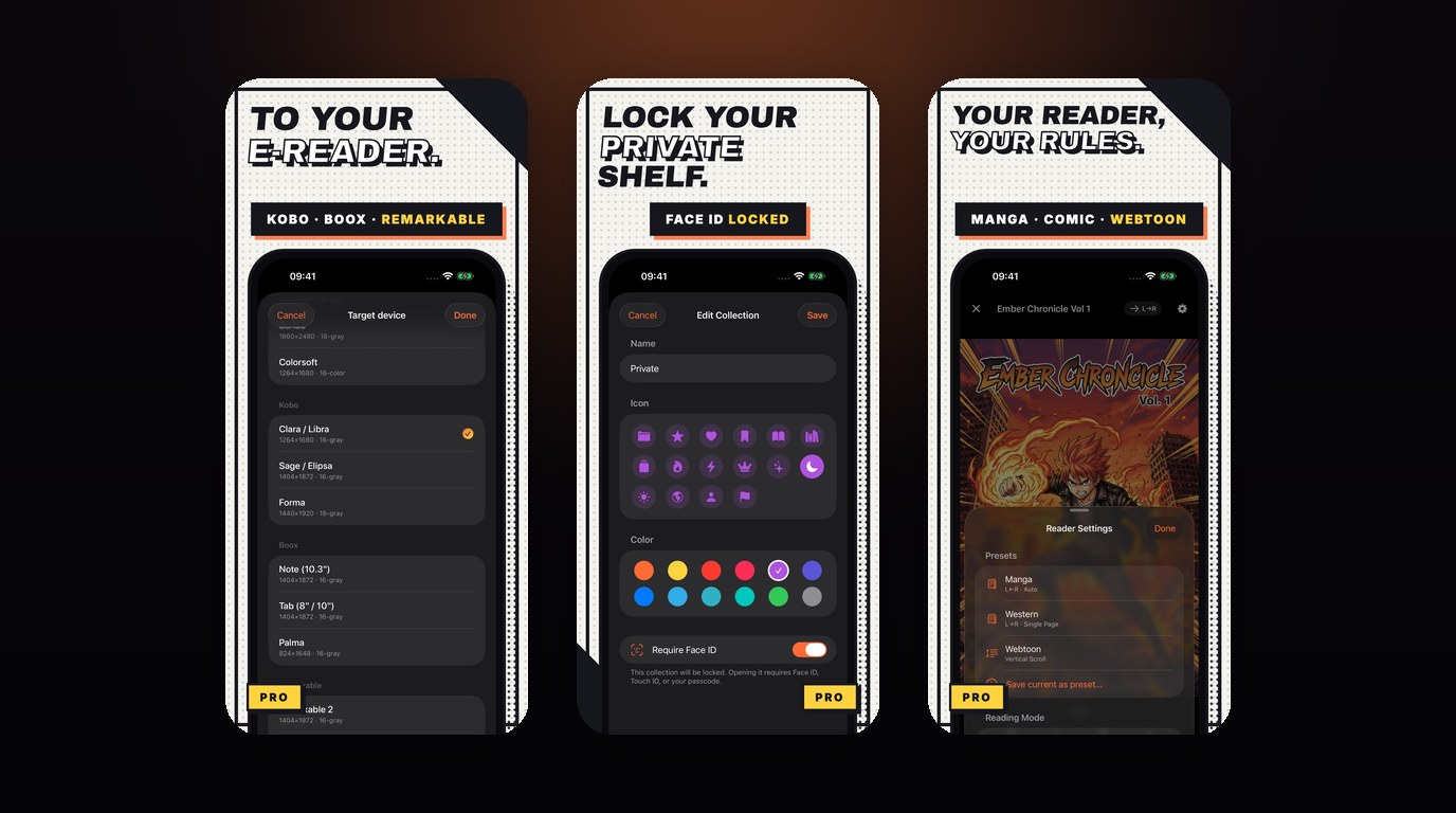 ComicFlow 3.0 showing e-reader export, Face ID-locked collections, and reader presets