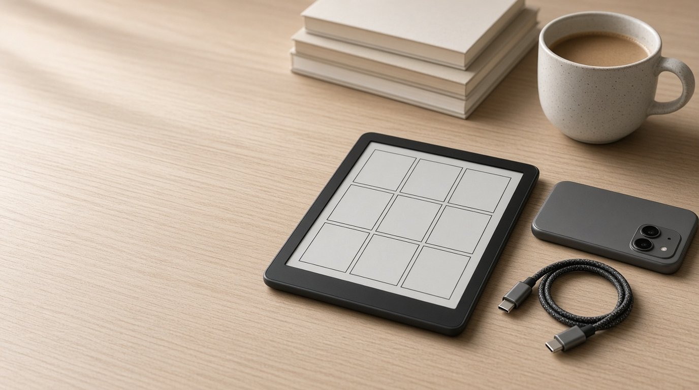 Ein E-Ink-Reader in Graustufen liegt auf einem hellen Holztisch und zeigt ein leeres Comic-Seitenlayout, daneben ein Smartphone, ein USB-C-Kabel, ein Bücherstapel und eine Kaffeetasse