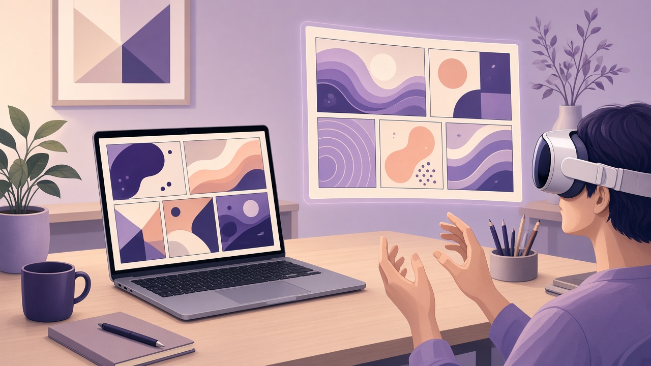 A Mac laptop showing a comic page next to a person in a Vision Pro headset with a floating comic page