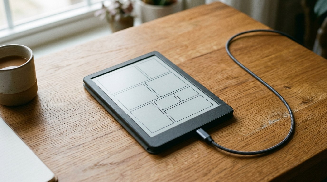 A greyscale e-ink reader lying on an oak desk, showing an empty comic panel layout, with a USB-C cable attached