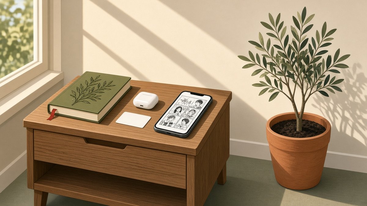 Flat vector illustration with no people of a small wooden bedside table in warm afternoon light, with a closed green book with a red ribbon bookmark, a white wireless earbuds case, a plain blank card and an iPhone lying flat with its screen up showing a black and white manga page, next to a small olive tree in a terracotta pot by a sunny window, in olive green, terracotta and cream