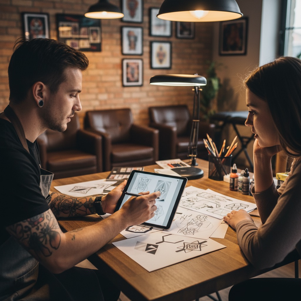 Tattoo artist consultation showing design references on table