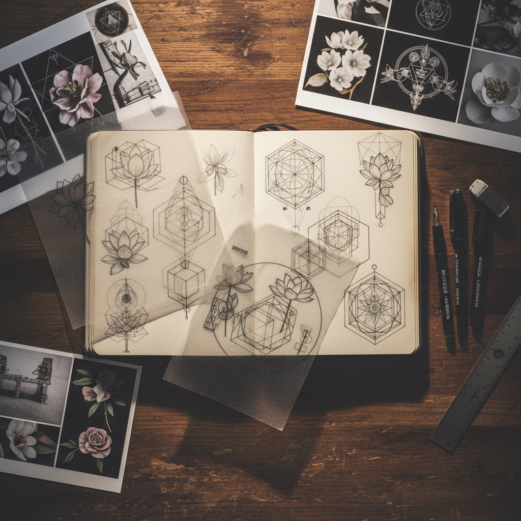 Tattoo design process with sketchbook, reference images, and drawing tools
