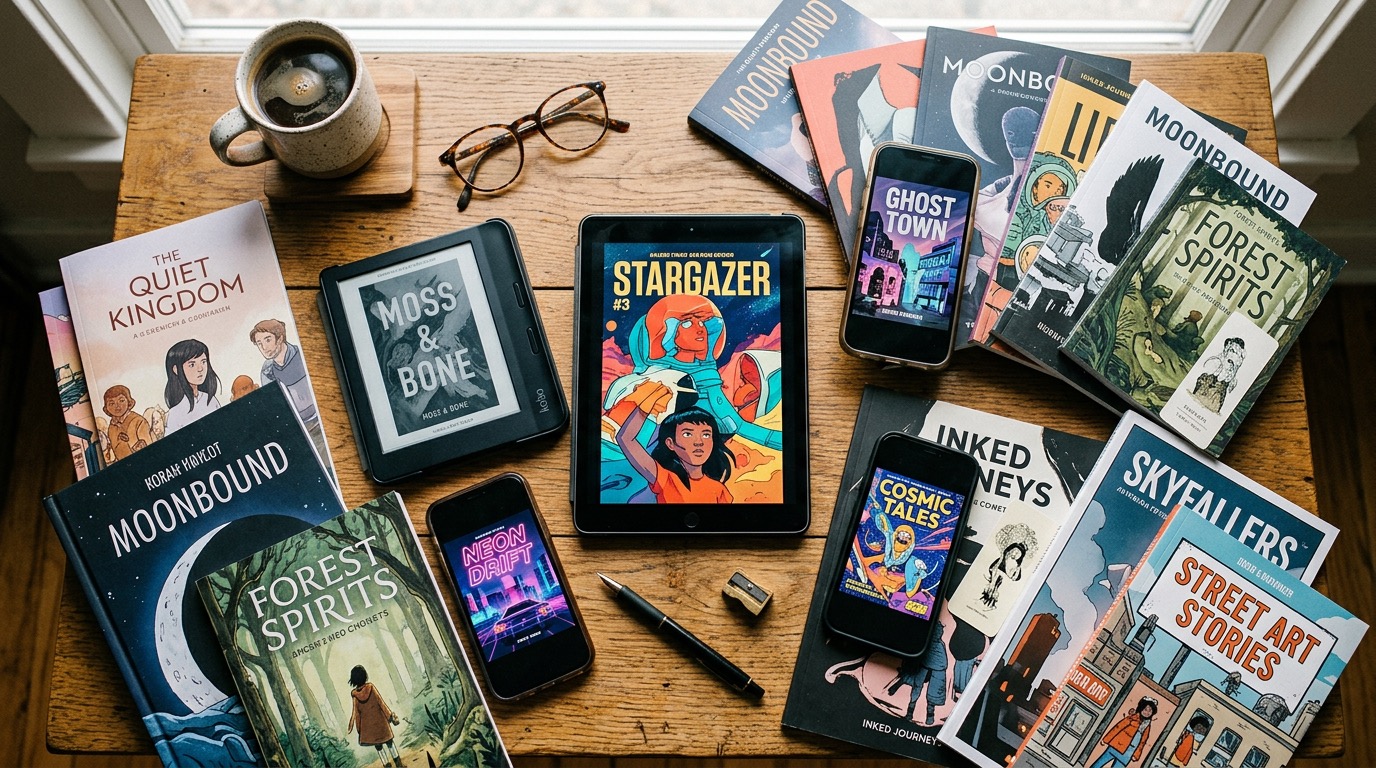 Flat lay of devices showing comic covers with physical comics and coffee on desk