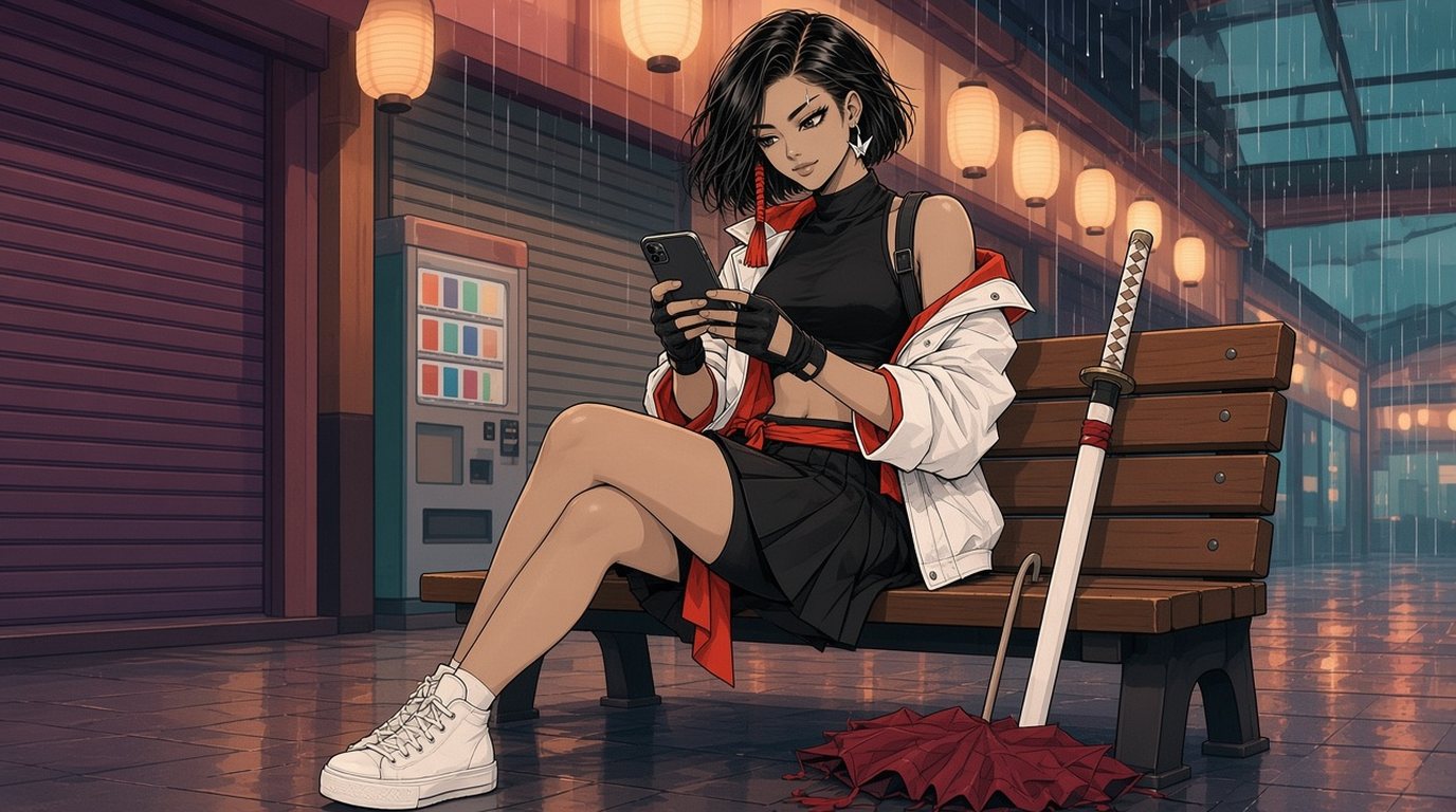 Flat vector illustration of Kaede, ComicFlow's manga girl, sitting cross-legged on a wooden bench in a covered shopping arcade on a rainy evening and reading manga on her iPhone, with her white sheathed sword leaning against the bench, a red umbrella on the wet tiles and paper lanterns glowing over closed shop shutters