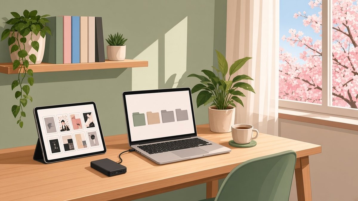 Flat vector illustration of a bright reading corner in spring, with a wall shelf of manga volumes, an iPad on a stand showing a grid of manga covers, an open laptop showing folders with a small external drive plugged in, a houseplant, a cup of tea and cherry blossom outside the window