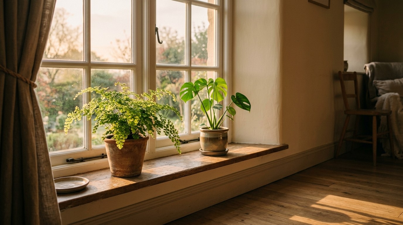 A cottage window with warm low morning sun coming through, a maidenhair fern and a small monstera on the wooden sill, and a soft patch of light reaching the floorboards