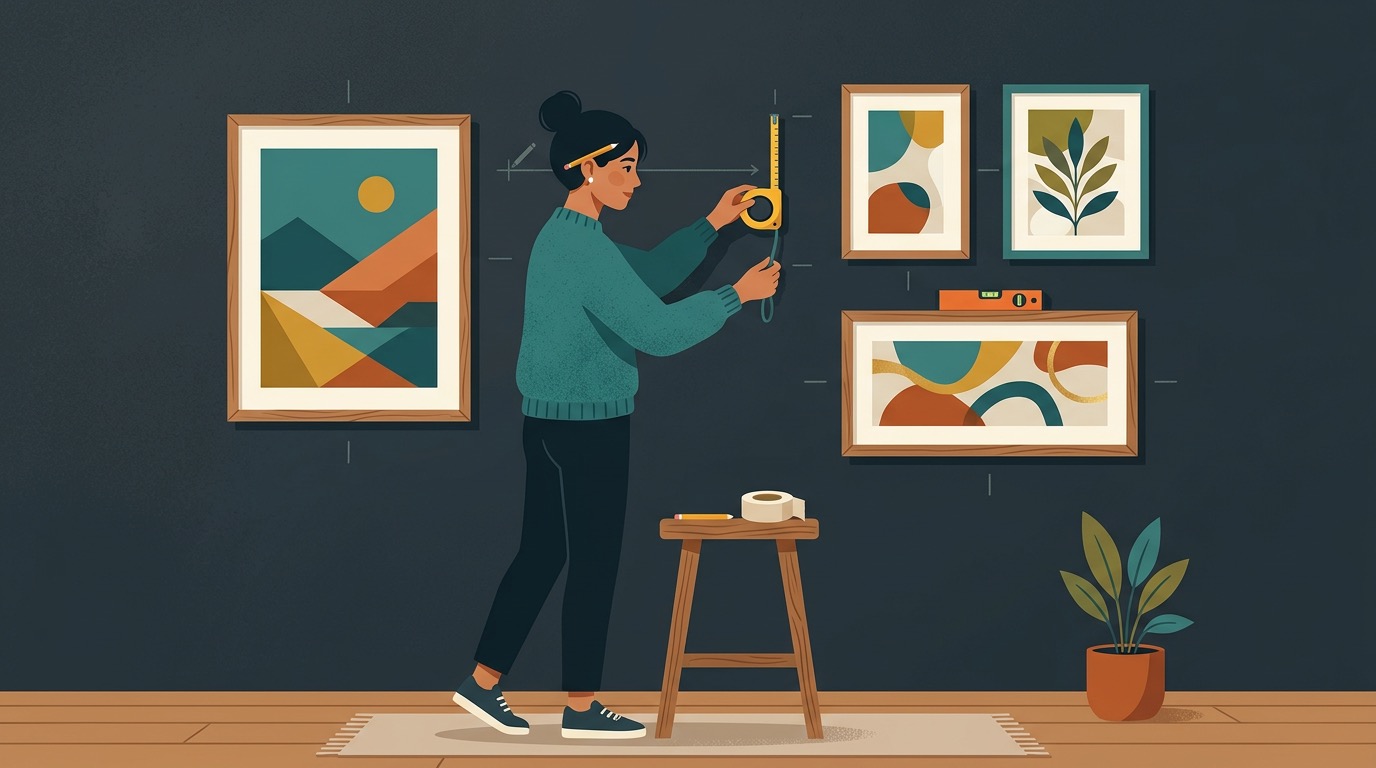 Person holding a tape measure and planning frame placement on a wall with painter's tape