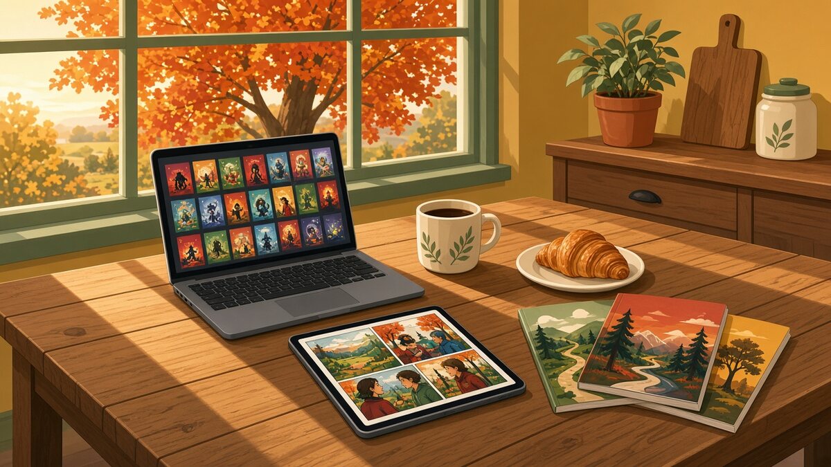 Flat vector illustration of a sunny kitchen table on an autumn morning, with an open laptop showing a grid of comic covers, an iPad lying beside it with a comic page on screen, a mug of coffee, a croissant and three printed comics