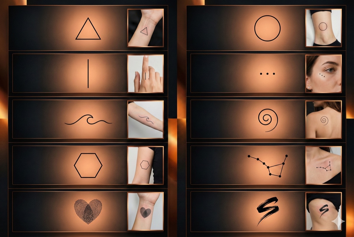 Minimalist geometric tattoo designs - triangle, circle, line, dots, spiral