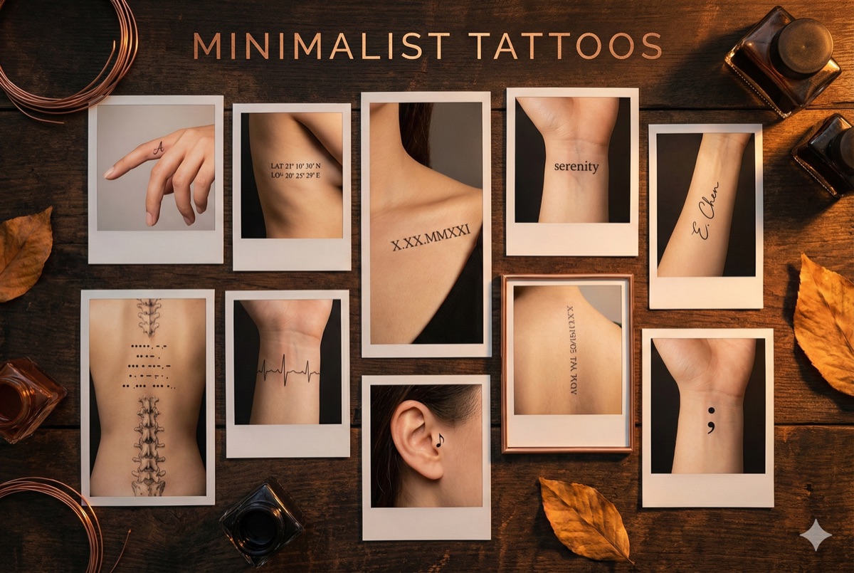 Minimalist text tattoo designs - initials, coordinates, dates, words