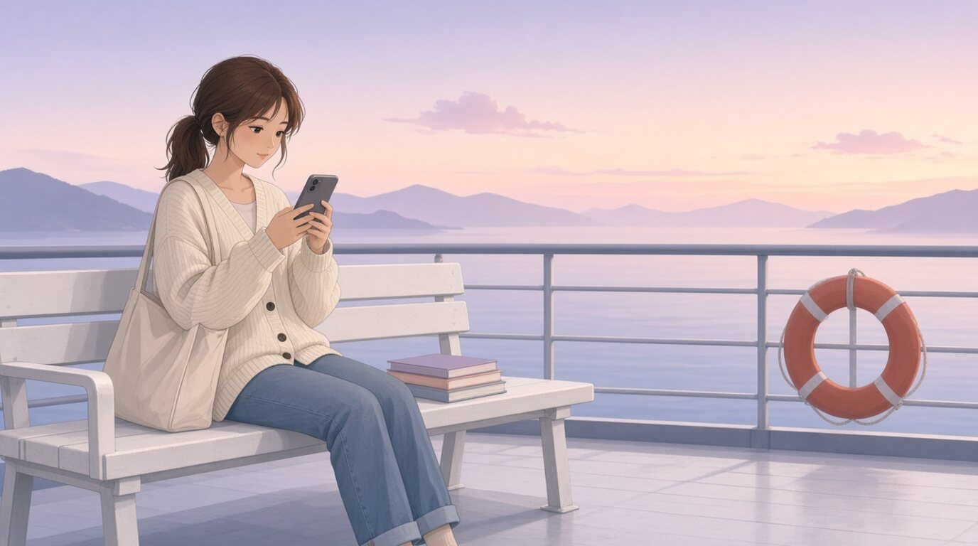 早朝のフェリーの甲板で、ベンチに座った女性がiPhoneで漫画を読んでいるフラットなイラスト。画面は本人のほうを向いていて、隣には薄い同人誌が数冊重ねて置かれ、背景には朝もやの島々と、手すりに掛けられた救命浮き輪が見える