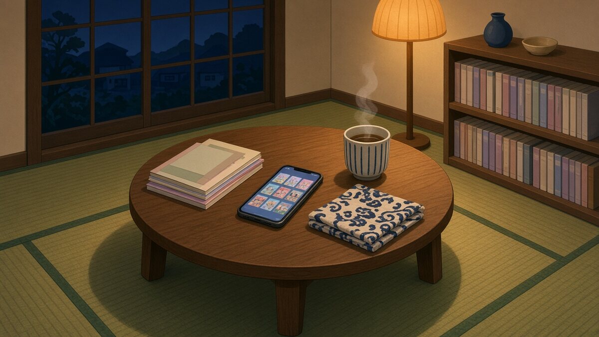 夜、暖かい色のスタンドに照らされたちゃぶ台の上に、薄い同人誌の束、iPhone、ほうじ茶の湯のみ、たたんだ手ぬぐいが置かれているフラットなイラスト。iPhoneの画面には漫画の表紙が並び、奥には本棚がある