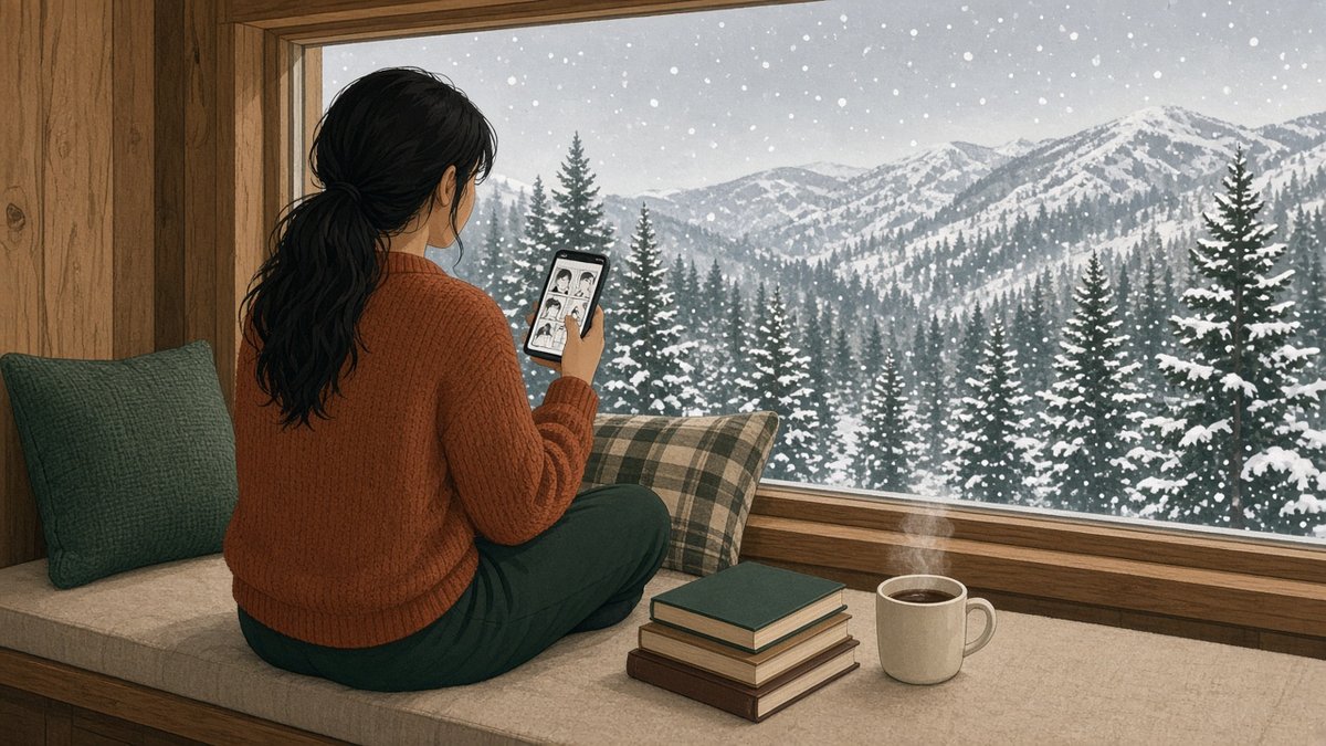 Flat vector illustration seen from behind of a young woman with a long black ponytail and a rust orange knitted sweater, sitting cross-legged on a cushioned cabin window seat, reading black and white manga panels on her phone, with a stack of books and a steaming mug beside her and snow falling on pine trees and mountains outside, in forest green, rust orange, cream and warm wood brown