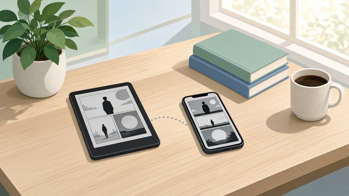 Flat vector illustration of a light wooden desk by a sunny window in the morning, with a black and white e-reader and an iPhone lying face up side by side, both showing similar black and white manga panels of a lone figure under a full moon, joined by a dotted line, next to a potted plant, two closed books and a cup of coffee
