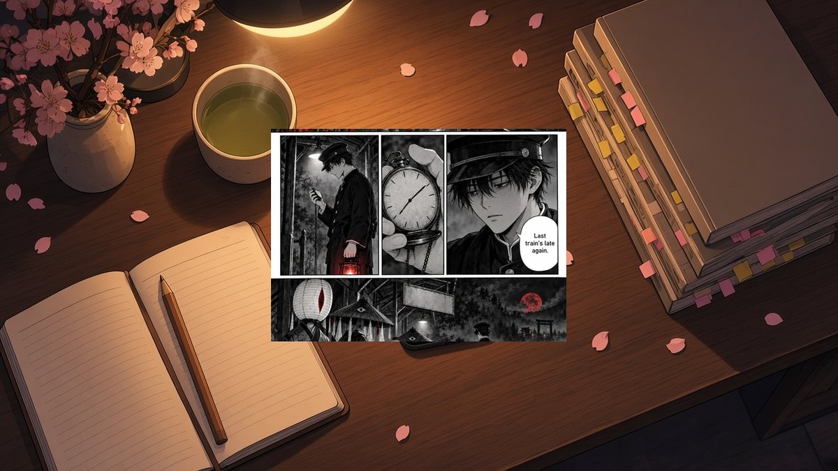 Flat vector illustration of a night study desk from above, with a desk lamp, cherry blossoms, green tea, an open notebook, a stack of manga volumes with sticky tabs, and an iPhone showing ComicFlow reading manga