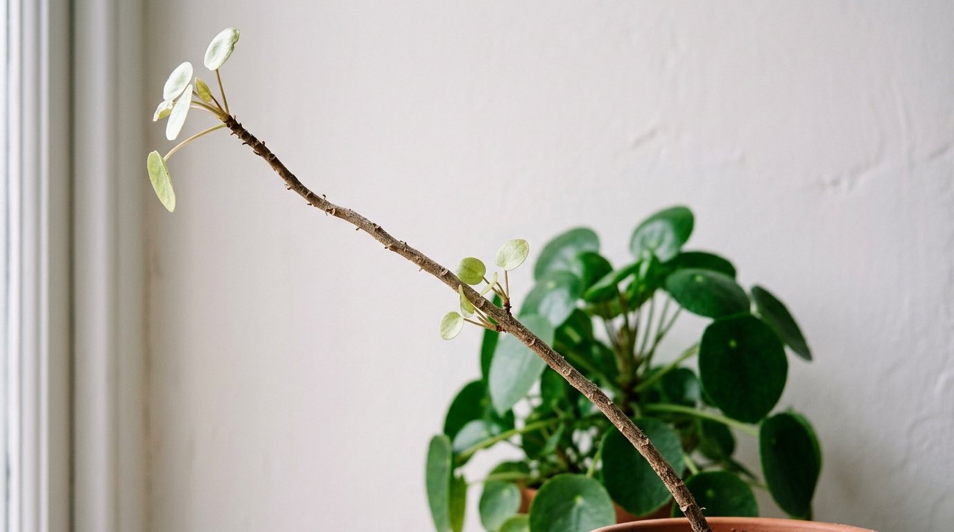 Close view of a Chinese money plant with one long bare stem stretching sideways toward a window, only a few small pale leaves at its tip, and a compact healthy plant behind it for contrast
