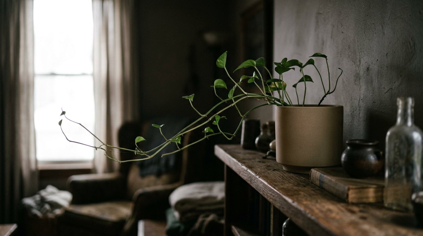 A pothos in a ceramic pot on a wooden shelf in a dim room, its vines stretched long and almost bare, all of them reaching sideways toward a bright window in the distance