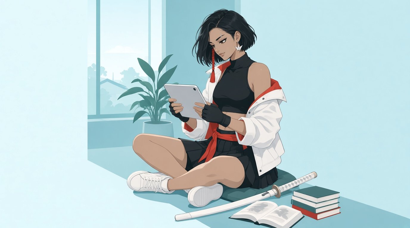 Flat vector illustration of Kaede, ComicFlow's manga girl, sitting cross-legged on a floor cushion by a window on a cool blue morning, holding a tablet sideways in both gloved hands with the screen turned toward her, her white sheathed sword lying on the floor beside her next to an open manga volume and a small stack of closed volumes