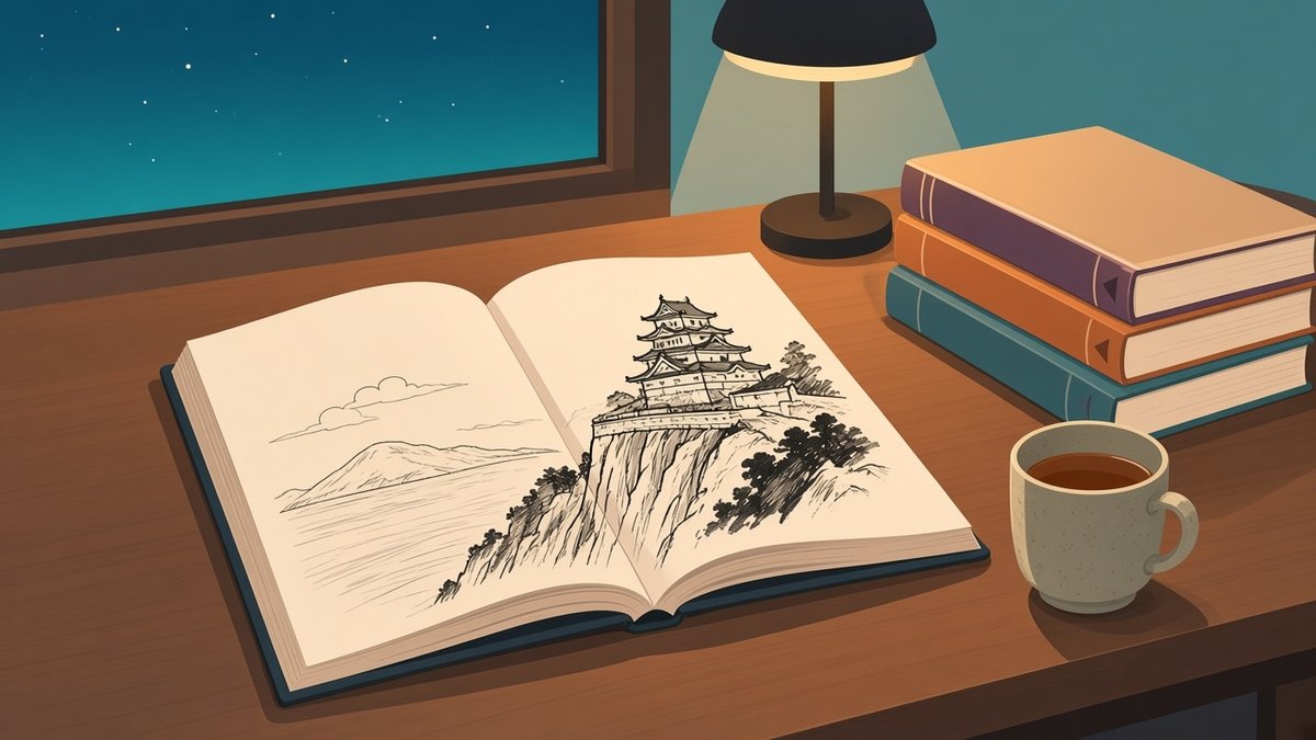 Flat vector illustration of an open manga volume lying flat on a wooden table in the evening, a black-and-white ink drawing of a castle on a cliff above the sea running across both pages, with a stack of closed volumes, a cup of tea and a lamp beside it and a blue-teal night sky in the window