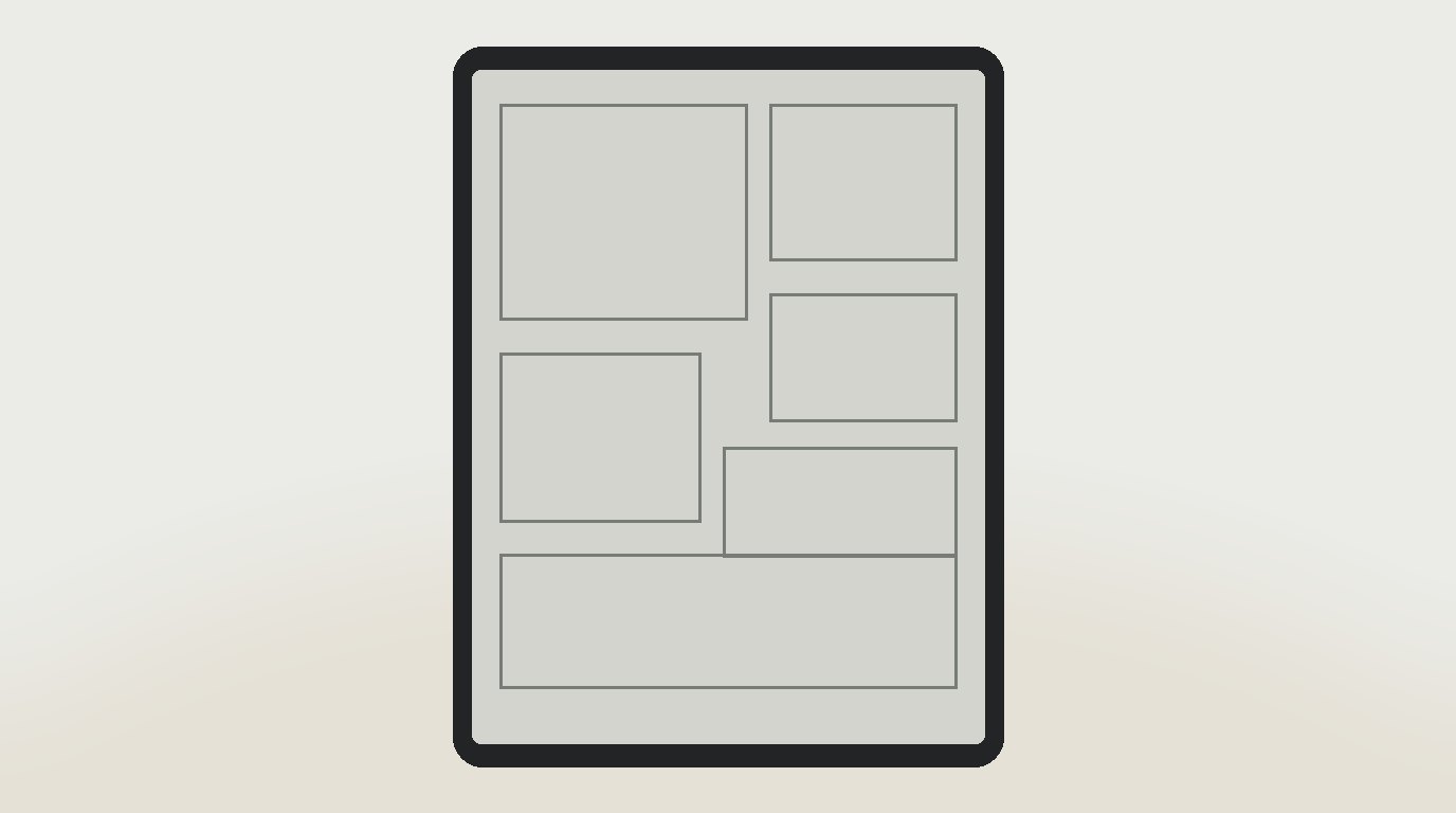 Een e-ink-reader met een leeg manga-achtig paneelraster zonder getekende inhoud, op een rustige achtergrond