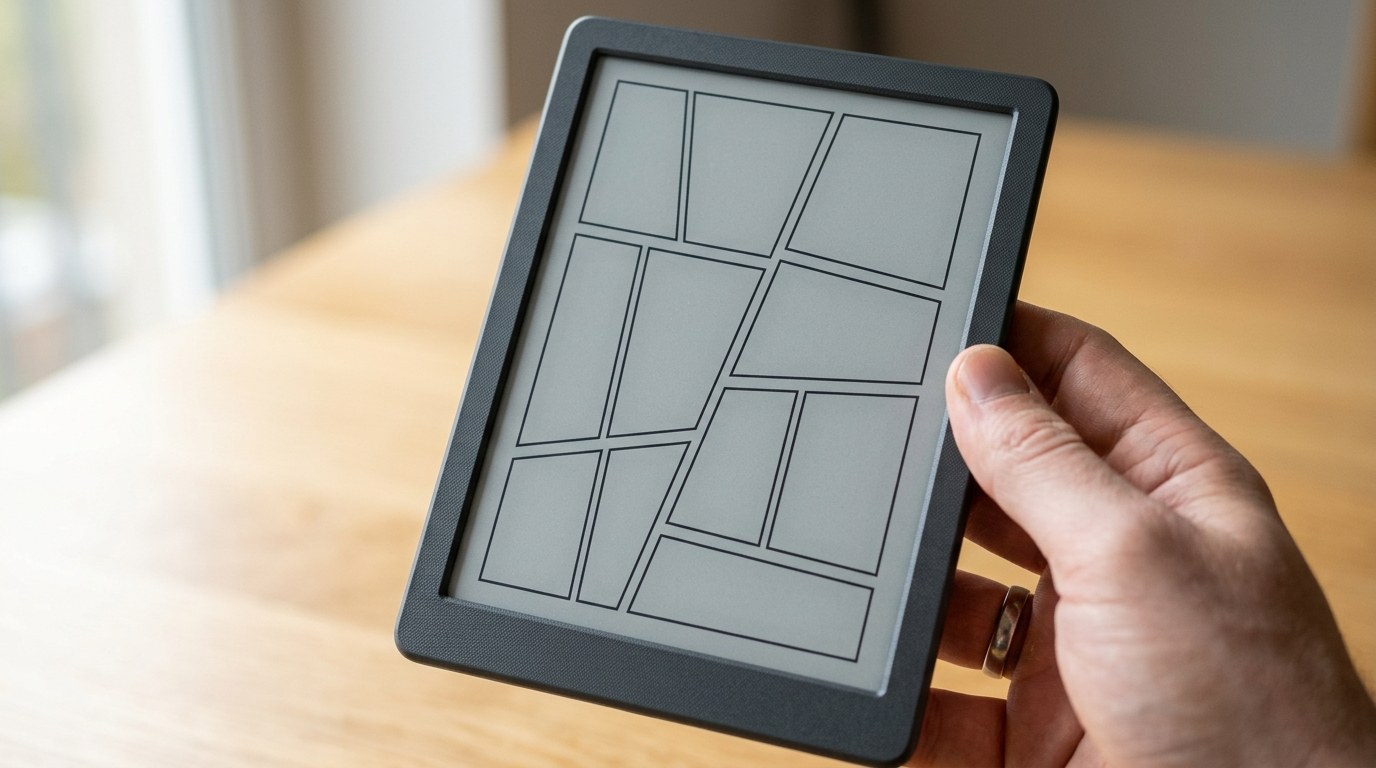 A greyscale e-ink reader held in one hand, displaying an empty manga-style page layout of outlined panels with diagonal gutters and no drawn content