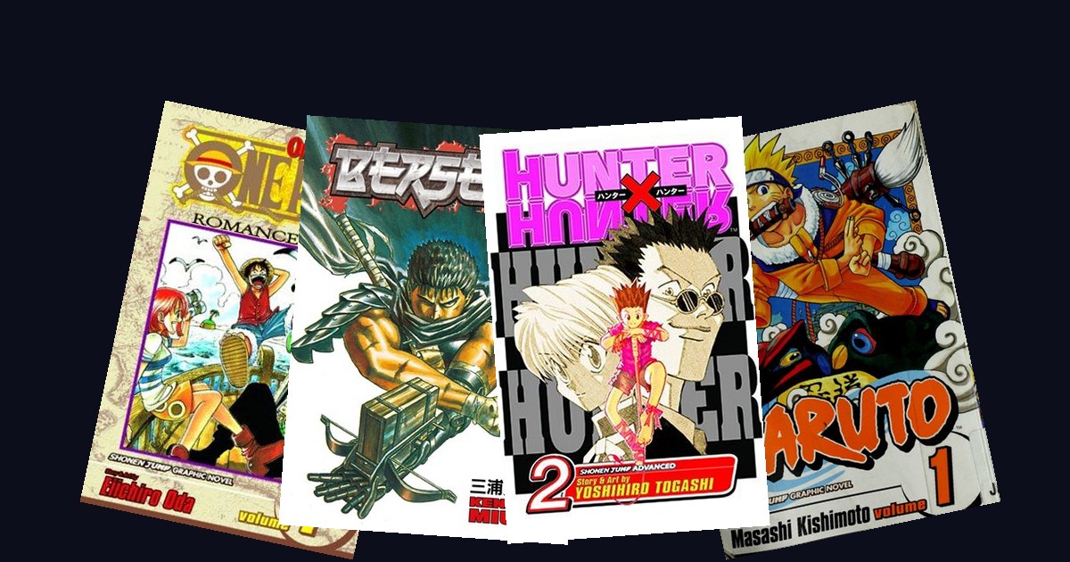 Four legendary manga volumes stacked on a desk, untouched bookmarks visible