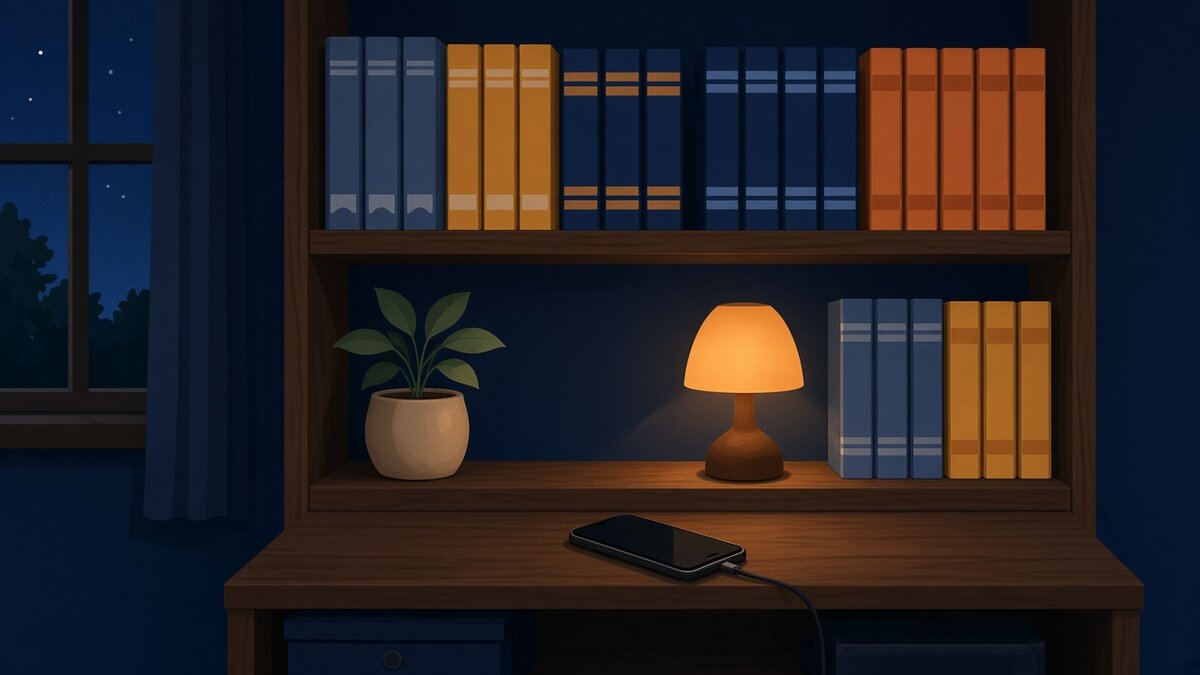 Flat vector illustration of a wooden bookshelf at night, lit by a small amber lamp, with rows of manga volumes, a potted plant and a phone charging on the desk below
