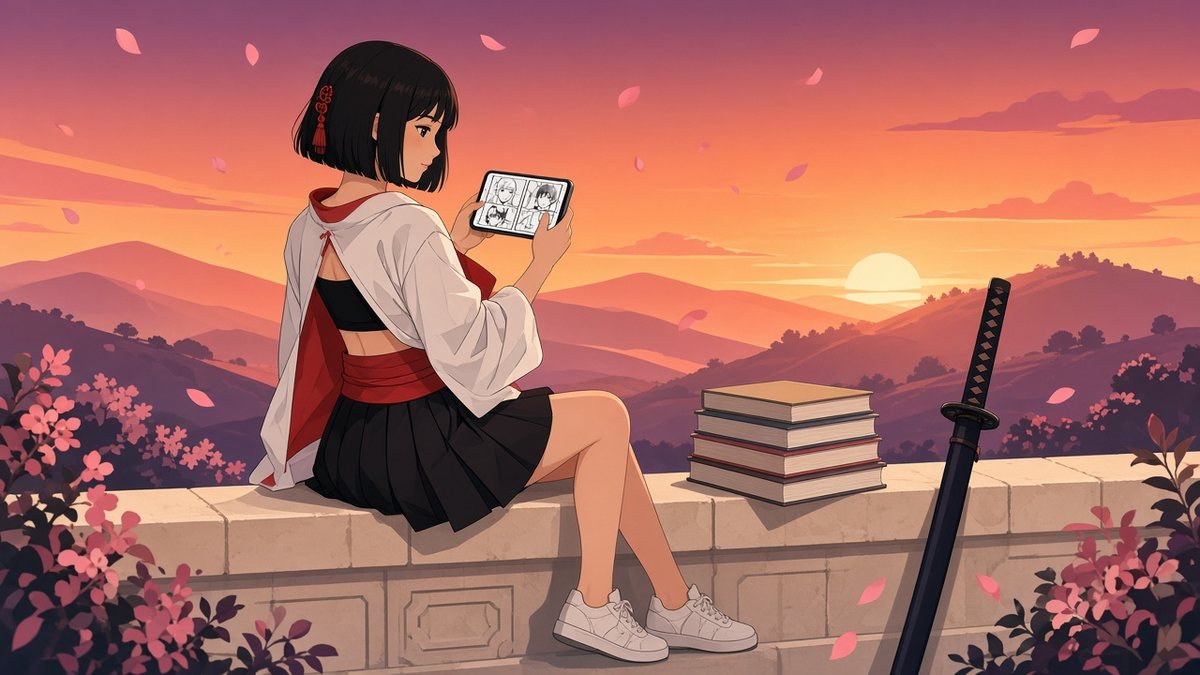 Flat vector illustration of Kaede sitting on a low stone wall at sunset and holding her iPhone sideways in both hands with a two-page manga spread on the screen, next to a stack of manga volumes and her sheathed sword leaning against the wall, with blossoming shrubs on both sides