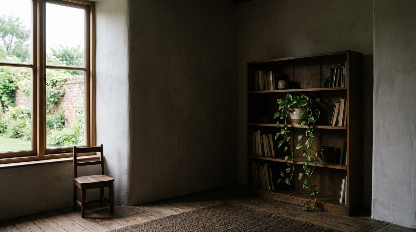 A room with a bright window on the left and a wooden bookshelf against the far wall, where a trailing pothos sits in visibly dimmer light than the window wall
