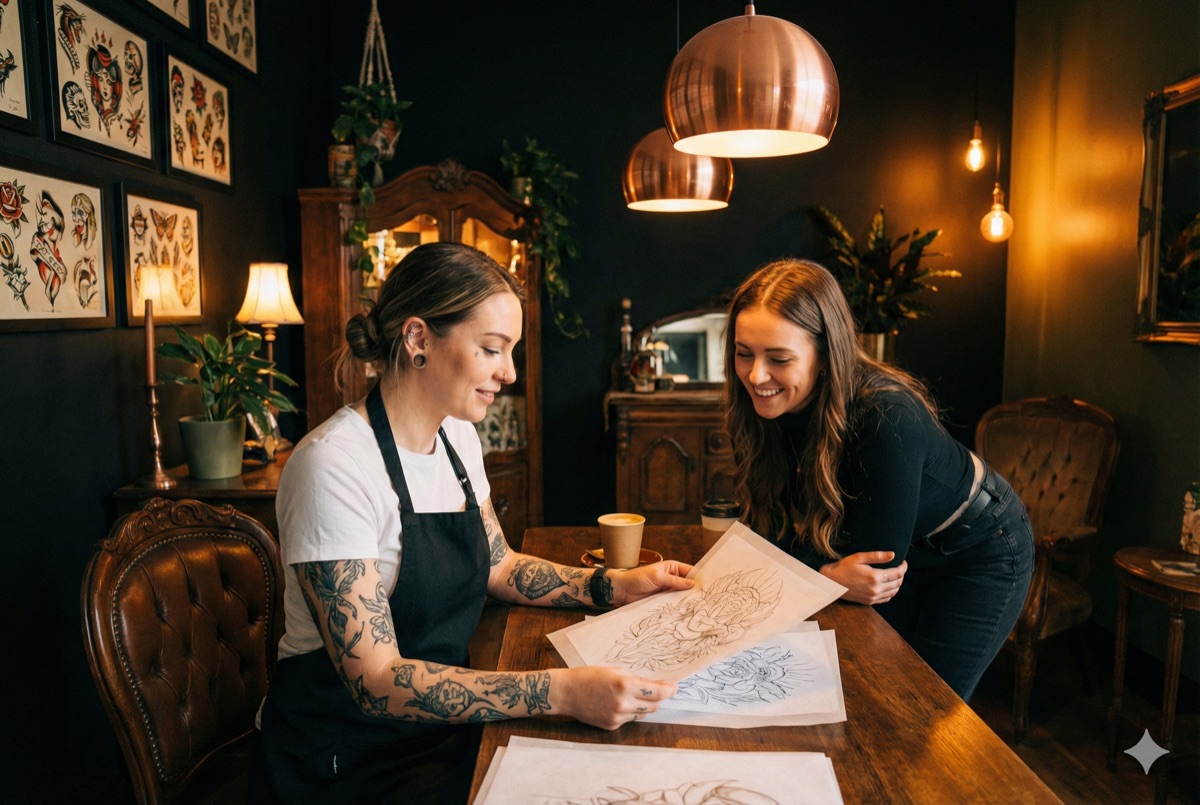 Tattoo artist showing custom sketch to client