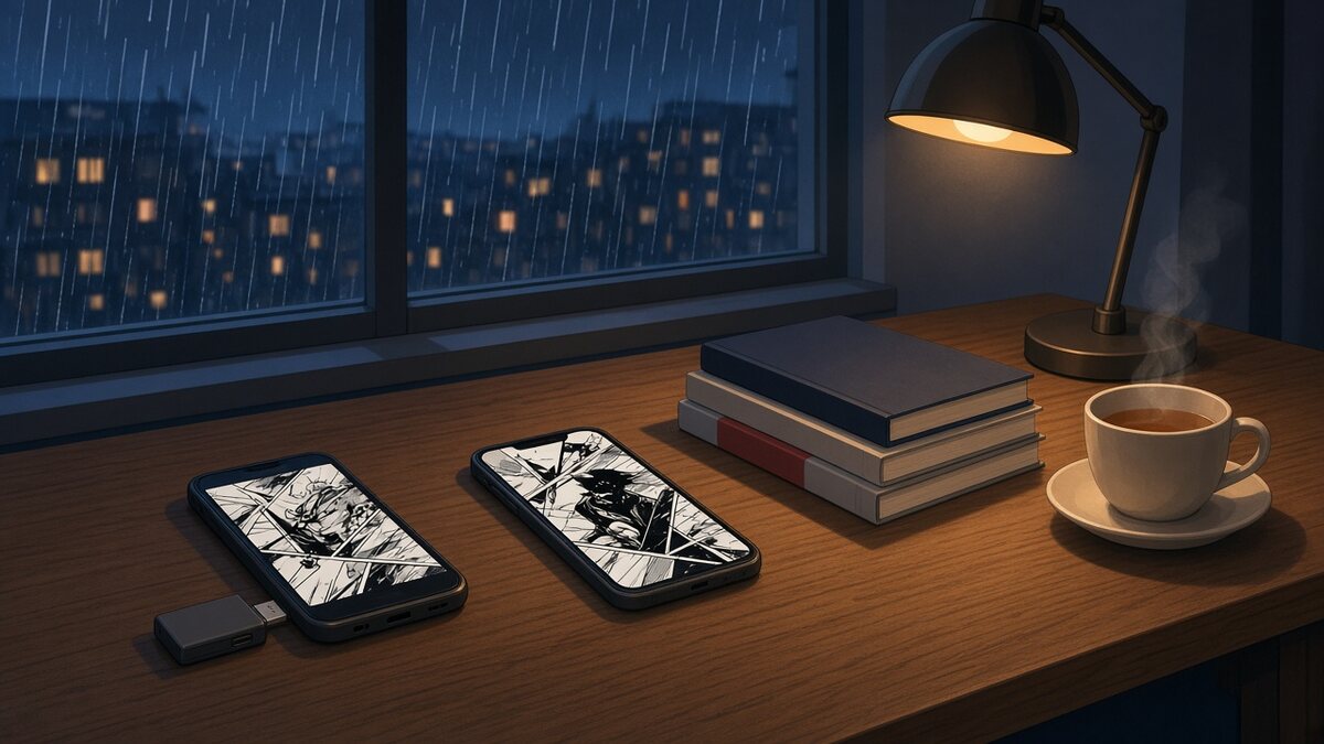 Flat vector illustration of a wooden desk by a rainy window in the evening, with an older phone and an iPhone side by side showing manga pages, a USB-C flash drive next to the older phone, a short stack of books and a cup of tea under a desk lamp