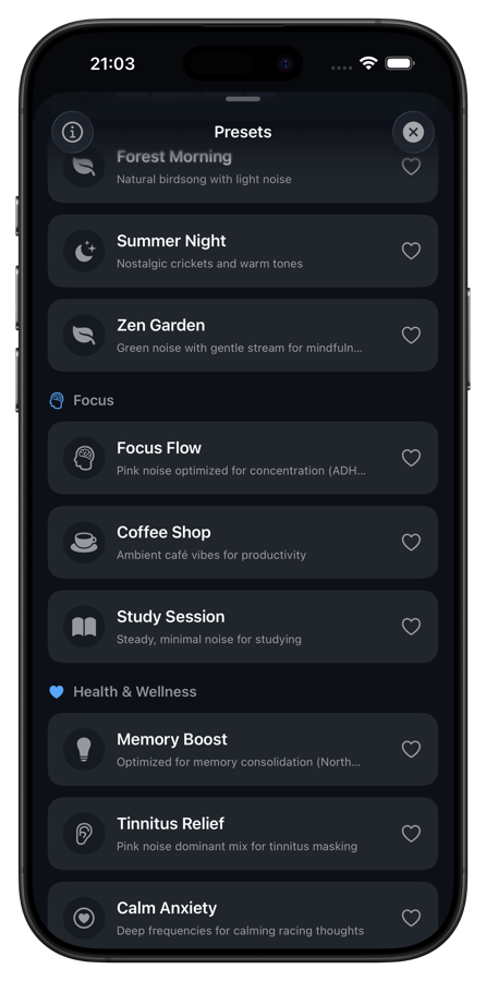 Nava preset library showing sleep, focus, and relaxation presets