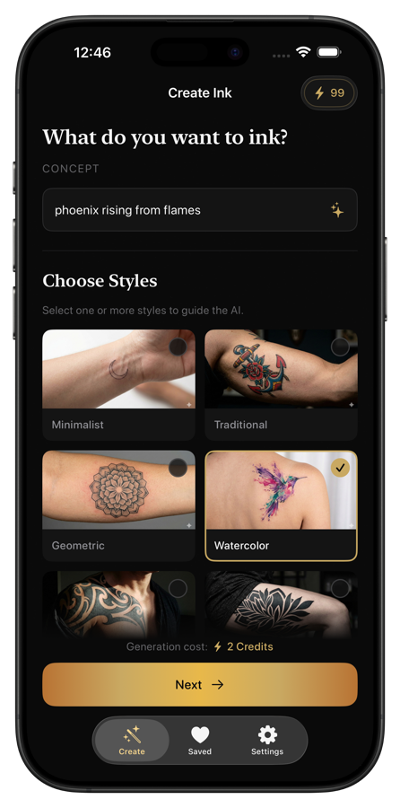 Negink app showing tattoo concept input and style selection screen