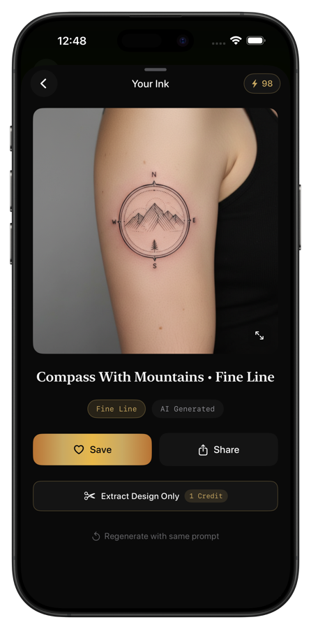 Negink showing a generated fine line compass tattoo design previewed on body