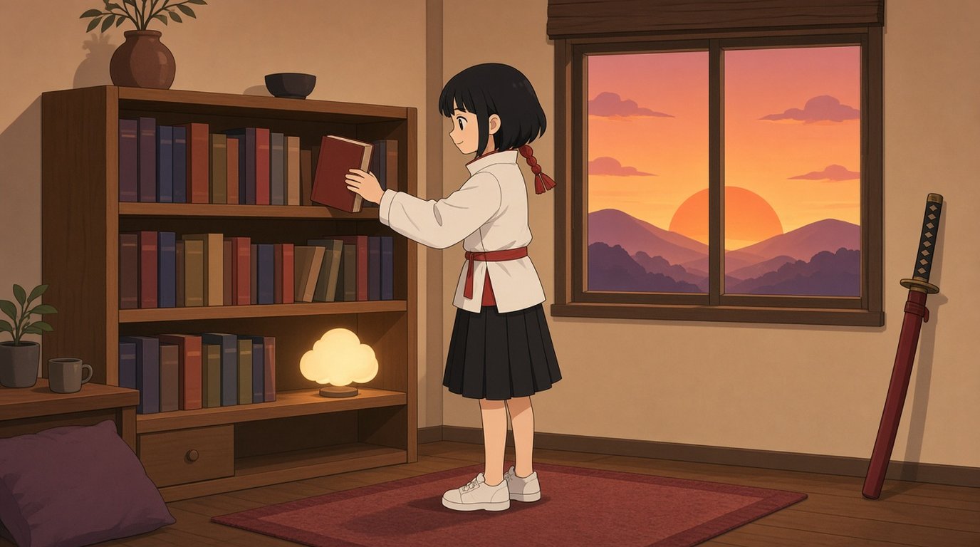 夕暮れの部屋で、カエデが本棚に漫画の単行本を一冊ずつ並べているイラスト